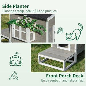 English Elm Pawhut Solid Wood Outdoor Cat House Two Story Shelter with Balcony Asphalt Roof W2225P173762