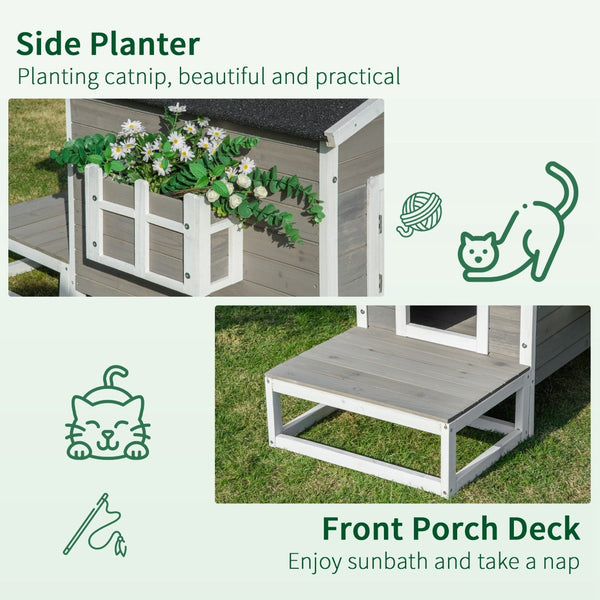 English Elm Pawhut Solid Wood Outdoor Cat House Two Story Shelter with Balcony Asphalt Roof W2225P173762