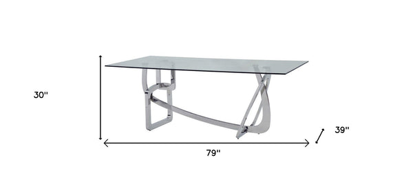Homeroots 79" Clear And Silver Glass And Stainless Steel Trestle Base Dining Table   284365