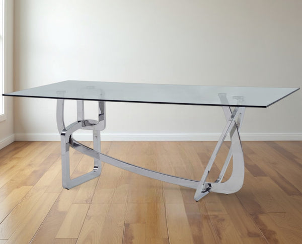 Homeroots 79" Clear And Silver Glass And Stainless Steel Trestle Base Dining Table   284365