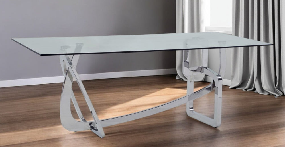 HomeRoots 79" Modern Clear Glass Dining Table with Silver Stainless Steel Trestle Base - Stylish & Durable Design 284365