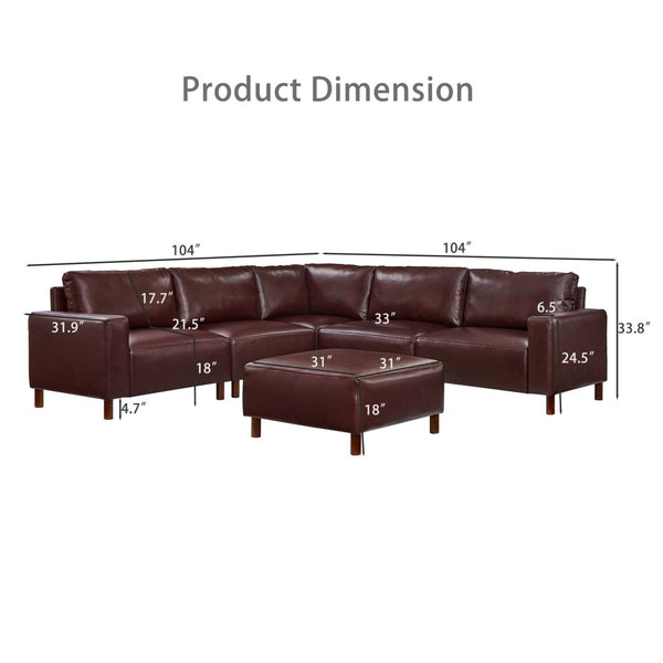 English Elm Modern Modular L-shaped Sectional in Matte Pu Leather with Ottoman Six Piece Burgundy W1097S00265