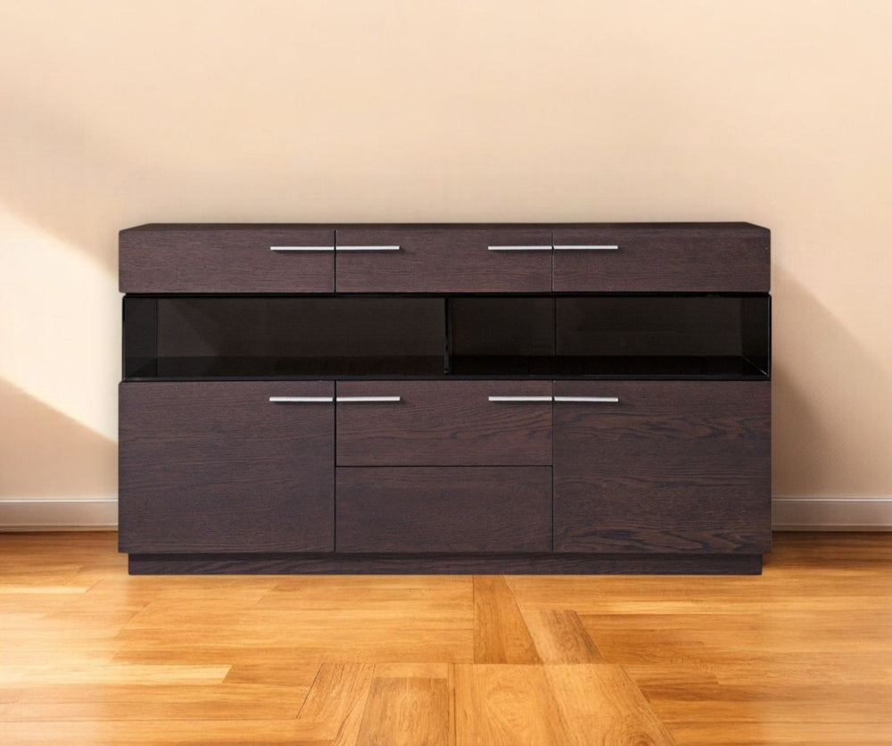 HomeRoots 59" Brown Solid Wood Sideboard with Glass Doors - Elegant Storage Solution for Any Room Décor 284410
