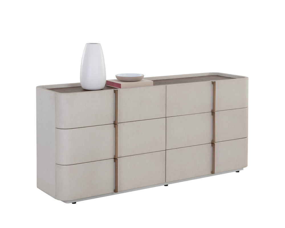 Sunpan Jamille Dresser - Elegant Cream Faux Leather with Brown Oak Top, 6 Soft-Close Drawers & Brass Base