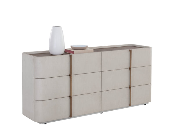 Sunpan Jamille Dresser - Elegant Cream Faux Leather with Brown Oak Top, 6 Soft-Close Drawers & Brass Base