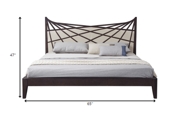 Homeroots 47" Brown Veneer And Beige Bonded Leather Queen Bed  Wood,Manufactured 284427