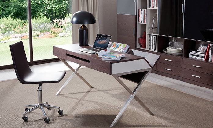 Homeroots 30" Brown Oak And Grey Veneer And Stainless Steel Office Desk   284476