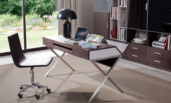 Homeroots 30" Brown Oak And Grey Veneer And Stainless Steel Office Desk   284476