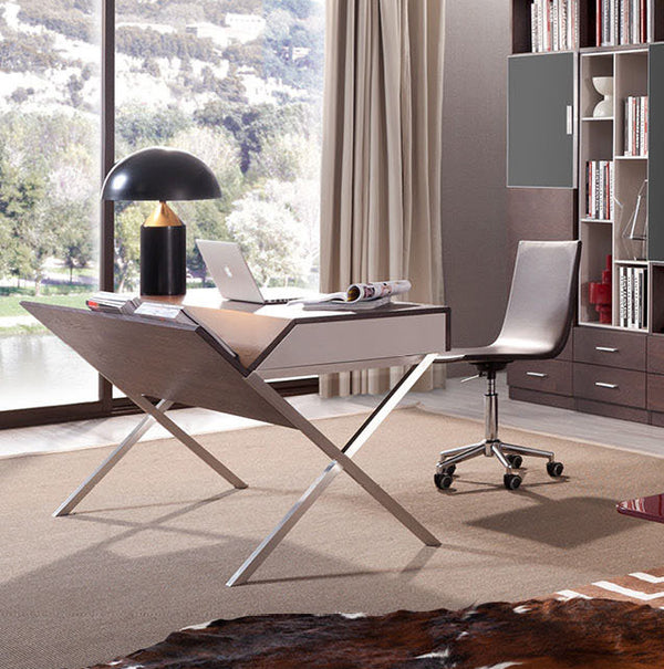 Homeroots 30" Brown Oak And Grey Veneer And Stainless Steel Office Desk   284476