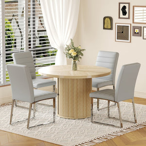 English Elm 4piece Round Dining Set with Fluted Pedestal Table Pu Chairs and Built-in Shelf W2920S00077