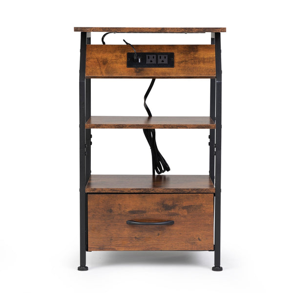 English Elm Rustic Nightstand with Drawer, Shelves, USB Charging & AC Outlets, LED Strip, Remote Control End Table W2181P191357