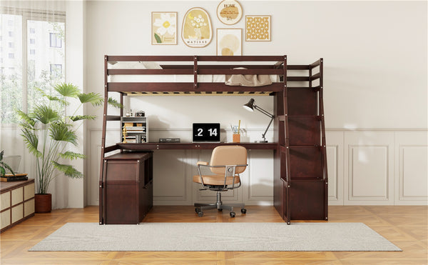 English Elm Full Size Kids Loft Bed with Integrated Desk Seven Drawers and Open Shelving LT000649AAP-2