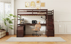 English Elm Full Size Kids Loft Bed with Integrated Desk Seven Drawers and Open Shelving Espresso LT000649AAP
