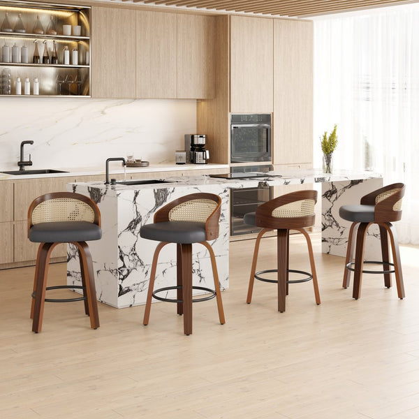 English Elm Swivel Counter Stools Set of 2 Rattan Back Pu Seat Mid Century Wood Frame Kitchen Black T3623P431195