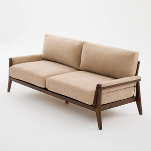 English Elm Mid-century Modern Boucle Upholstered Three Seat Sofa with Walnut Finish Wood Legs Camel N773P411407N
