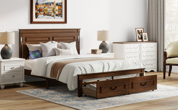 English Elm Queen Farmhouse Pinewood Storage Bed with Led Lighting Usb Charging and Panel Headboard Walnut W504P391016