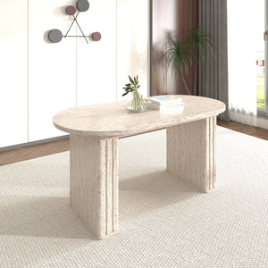 English Elm Kitchen extendable dining table with travertine-inspired melamine top, rounded edges, sturdy wooden base for family gatherings Beige W1347S00017