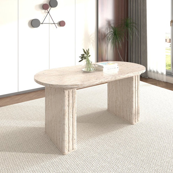 English Elm Kitchen extendable dining table with travertine-inspired melamine top, rounded edges, sturdy wooden base for family gatherings Beige W1347S00017