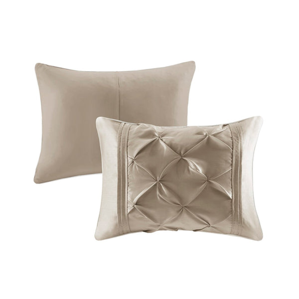 English Elm 7-piece Queen Tufted Pleated Comforter Set with Shams Bed Skirt Decorative Pillows Taupe B035P463172