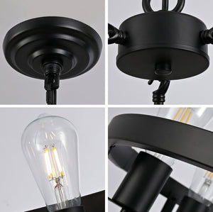English Elm Four-light Wagon Wheel Pendant Matte Black Metal Industrial Plug-in Dining Fixture W2991P407027