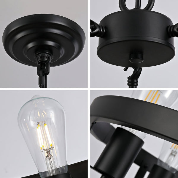 English Elm Four-light Wagon Wheel Pendant Matte Black Metal Industrial Plug-in Dining Fixture W2991P407027