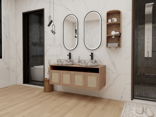 English Elm 48" Floating Bathroom Vanity Oak Finish Dual Ceramic Sinks Soft Close Plywood Cabinet W999S00506