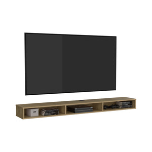 English Elm Tv Stand with Three Open Shelves for Media Storage and Decor, Slim Profile, Eco-Friendly Engineered Wood Natural Wood 75.98 L x 16.14 W x 3.15 H B097P296833