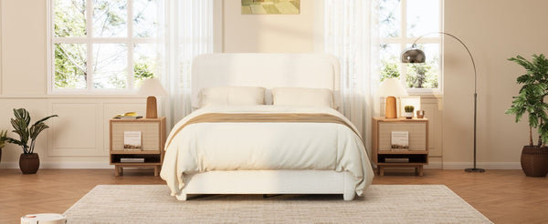 English Elm Boucle Cloud Upholstered Full Platform Bed with Adjustable Curved Headboard in White N733P439489K