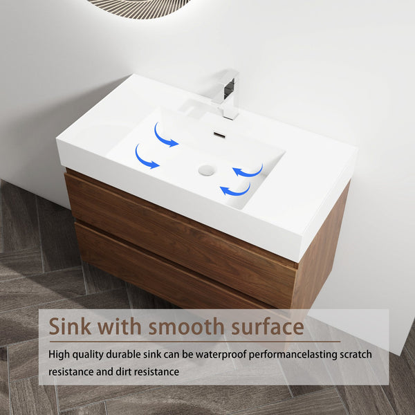 English Elm 36" Wood Grain Bathroom Vanity with Thick Resin Sink, 2 Soft-Close Drawers, KD Eco Plywood Finish W999S00201
