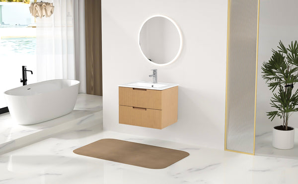 English Elm 24 Inch Floating Bathroom Vanity With Ceramic Sink - Modern Wall-Mounted Storage Cabinet In Light Brown W1550S00034