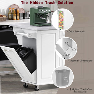 English Elm K&K Vintage Convex Kitchen Island Cart with Faux Marble Top, Tilt Trash, Pull-Out Organizer, Wheels White N707P299008W