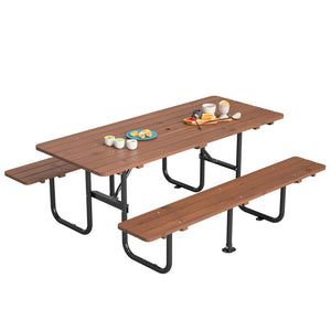 English Elm 72" Solid Wood Outdoor Picnic Table Seats 6 with Attached Benches and Umbrella Hole W1422S00061