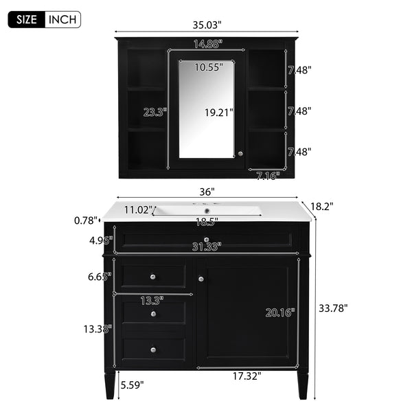 English Elm 36'' Modern Bathroom Vanity With Medicine Cabinet, Soft-Close Doors & Drawers For Stylish Storage SW000134AAB-1