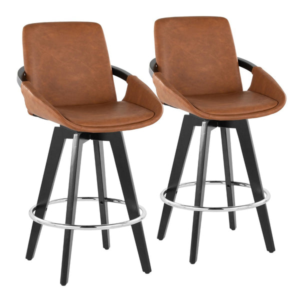 English Elm Fixed-height Swivel Counter Stools with Faux Leather Seats and Chrome Footrest Set of 2 B202S01807