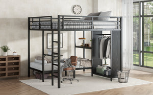 English Elm King Metal Bunk Bed King over Twin XL with Built-In Wardrobe, Foldable Desk, Shelf & Sturdy MDF W1580S00111