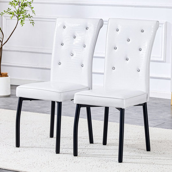 English Elm A Set of 2 Crystal Button Faux Leather Dining Chairs with Embossed Croc Texture White+Black W3226P340206