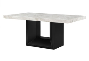 English Elm SHEENA Solid Wood Dining Table with White Faux Marble Top, Rich Black Finish & Angled Wood Base B201S00137