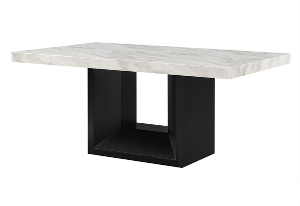 English Elm SHEENA Solid Wood Dining Table with White Faux Marble Top, Rich Black Finish & Angled Wood Base B201S00137
