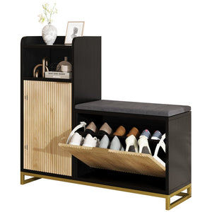 English Elm Vividwood Corner Entryway Bench with Shoe Storage Shelves and Washable Cushion Seat T5618P505966