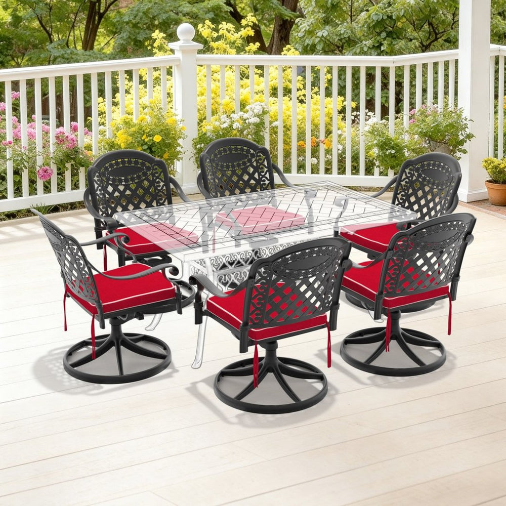 English Elm Cast Aluminum Swivel Outdoor Chairs Six Piece Set Ornate Carved Frame Weather Resistant W1710S00672