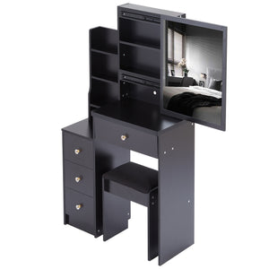English Elm 29.2" Elegant Space-Saving Vanity Table Set With Stool & Sliding Mirror For Small Bedrooms & Apartments W936P202291