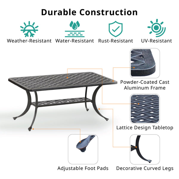 English Elm Coffee Table Antique Bronze Aluminum Outdoor Coffee Table — Castle Rock Lattice Top, Shelf, Weatherproof ABQ-AHF-LD1031F