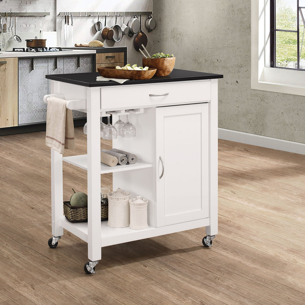 English Elm Black Black and White Kitchen Cart with Locking Wheels, Wine Rack, Towel Bar, Cabinet, Drawer, Shelves B062P189061