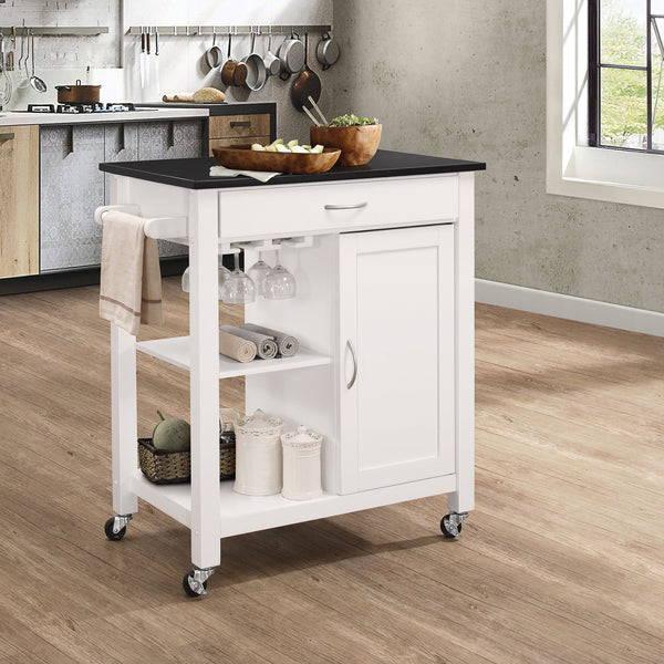 English Elm Black Black and White Kitchen Cart with Locking Wheels, Wine Rack, Towel Bar, Cabinet, Drawer, Shelves B062P189061