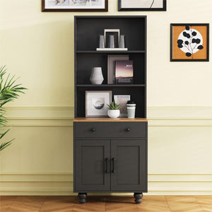 English Elm Farmhouse Storage Cabinet With 4 Solid Wood Gourd-Shaped Legs, Modern Kitchen Pantry Cabinet With Adjustable Shelves, 5 Tier Bookshelf With Drawer For Living Room, Black