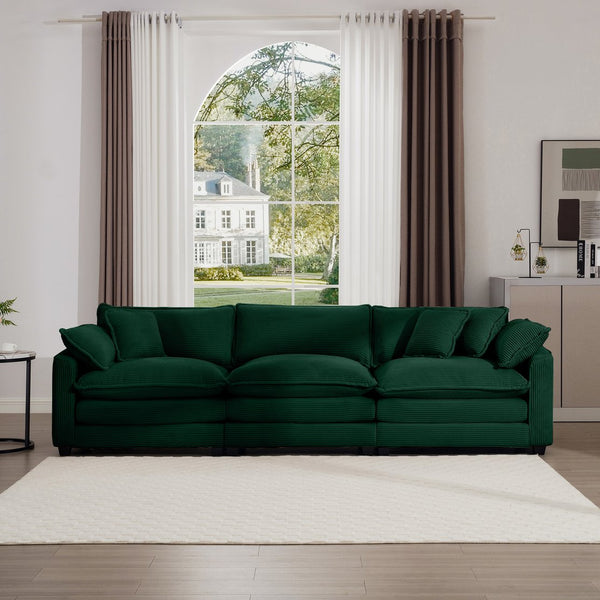 English Elm Mid-Century Modern Sectional Sofa - Plush Green Corduroy 3-Seater With Pillows For Ultimate Comfort W714S00815