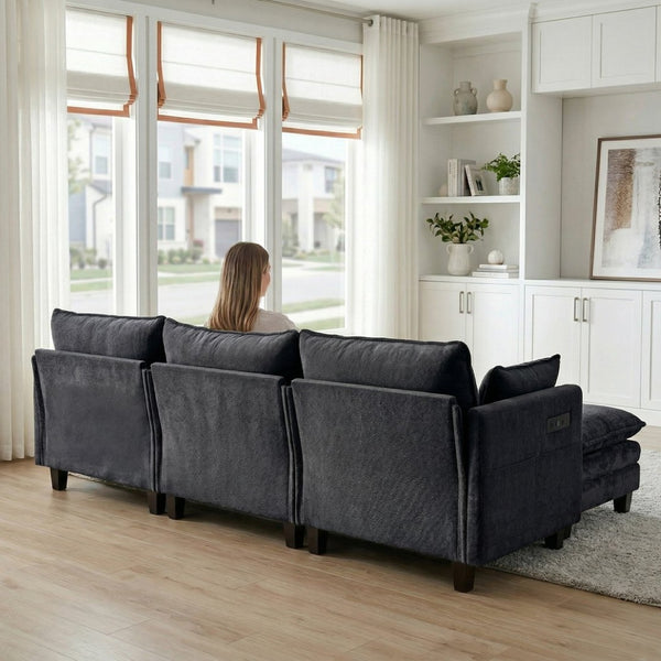 English Elm Modern Chenille Three Seat Sofa with Ottoman Usb Charging Ports and Storage Pockets Black W2519S00002