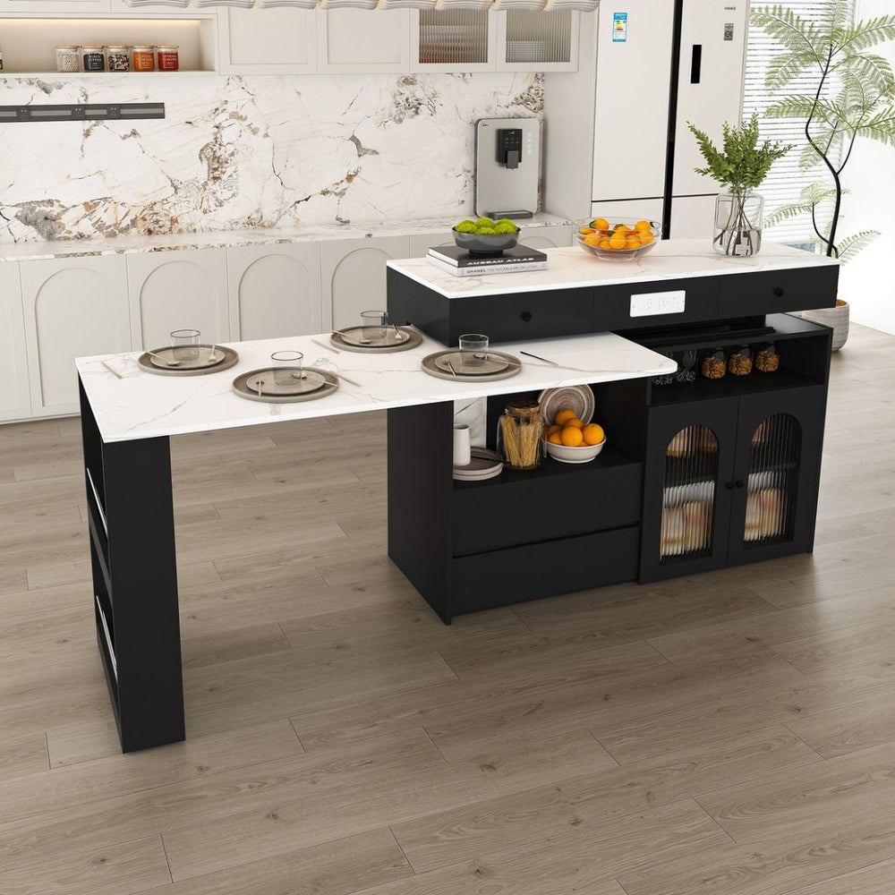 English Elm Kitchen Island Marble Veneer Retro Rotating Expandable Dining Station with Storage W2700P392937