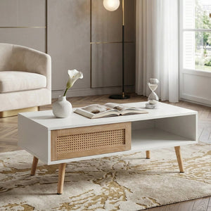 English Elm 41.34" Rattan Panel Coffee Table with Sliding Storage Door and Solid Wood Legs W1265107718