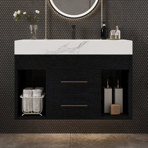 English Elm 29.9" Floating Bathroom Vanity Sintered Stone Top Soft Close Drawers Bronze Gold Hardware W3136S00038